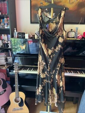 VTG CONNECTED APPAREL Black Midi Dress with Gold Floral Print